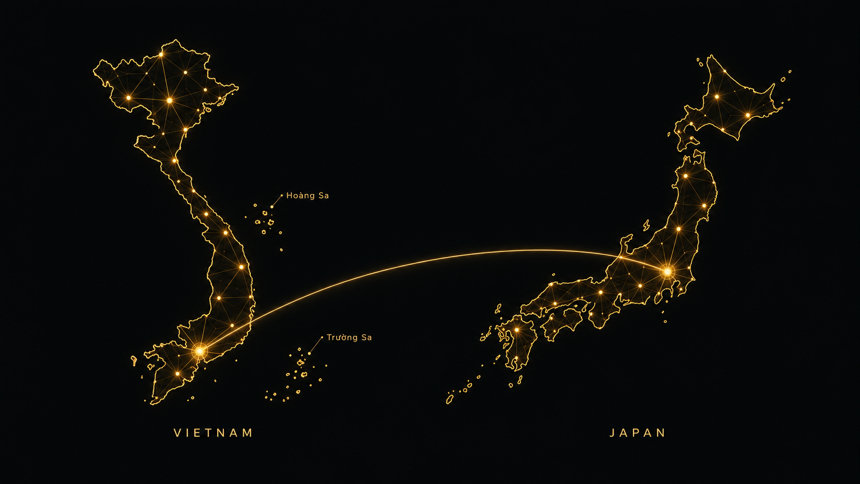 ホアンサ・チュオンサを含むベトナムと日本を金色のネットワークで結んだデジタル地図。